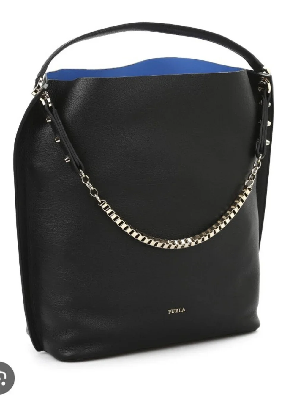 Furla Minerva Hobo Black/ Blue Leather Shoulder Bag with Gold Chain Accent